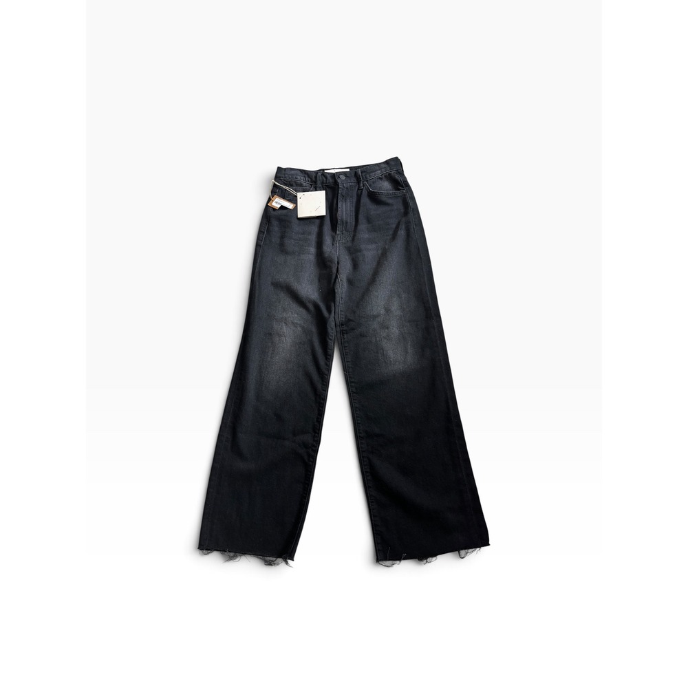 NWT MOTHER The Spitfire Ankle Fray Jeans 24 Black Wide Leg Raw Hem 11158-1046